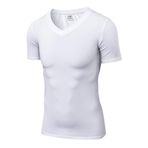 Daoba Kompresyon tişörtü, erkek koşu tişörtü, kısa kollu, fonksiyonel tişört, nefes alır, spor tişörtü, koşu, jogging, fitness, jimnastik için, V yaka, Beyaz, M
