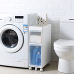 Dar Uzun Banyo Zemin Dolabı, 4 Şeffaf Çekmeceli ve Tekerlekli İnce Dikey Saklama Ünitesi, Bağlantısız Şifonyer Kulesi, Yerden Tasarruflu 14 cm/22 cm Genişlik, Montaj Gerekmez
