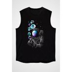 Darkhane Astronot ve Baloncuklar Siyah Unisex Kolsuz Tişört Kesik Kol T-Shirt - 001-Siyah - XL