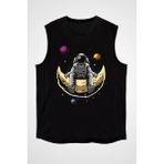 Darkhane Ayda Oturan Astronot Siyah Unisex Kolsuz Tişört Kesik Kol T-Shirt - 001-Siyah