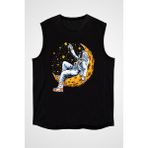 Darkhane Ayda Uzanan Astronot Siyah Unisex Kolsuz Tişört Kesik Kol T-Shirt - 001-Siyah