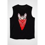 Darkhane Bandanalı Kedi Siyah Unisex Kolsuz Tişört Kesik Kol T-Shirt - 001-Siyah