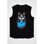 Darkhane Cepteki Sibirya Kurdu Husky Haski Siyah Unisex Kolsuz Kesik Kol T-Shirt - 001-Siyah - M