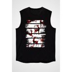 Darkhane Ekose Desenli Boynuzlu Geyik Siyah Unisex Kolsuz Tişört Kesik Kol T-Shirt - 001-Siyah - 2XL