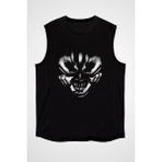 Darkhane Ellerden Yüz Şekli Siyah Unisex Kolsuz Tişört Kesik Kol T-Shirt - 001-Siyah