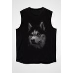 Darkhane Geceyarısı Sibirya Kurdu Husky Haski Siyah Unisex Kolsuz Tişört Kesik Kol T-Shirt - 001-Siyah