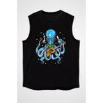 Darkhane Gitarist Ahtapot Siyah Unisex Kolsuz Tişört Kesik Kol T-Shirt - 001-Siyah
