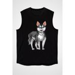 Darkhane Gökkuşağı ve Sibirya Kurdu Husky Haski Siyah Unisex Kolsuz Kesik Kol T-Shirt - 001-Siyah - XS