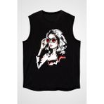 Darkhane Gözlüklü Kız Moda Siyah Unisex Kolsuz Tişört Kesik Kol T-Shirt - 001-Siyah - XL