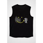Darkhane Gülen Ay ve Astronot Siyah Unisex Kolsuz Tişört Kesik Kol T-Shirt - 001-Siyah