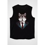 Darkhane Iş Insanı Sibirya Kurdu Husky Haski Siyah Unisex Kolsuz Tişört Kesik Kol T-Shirt - 001-Siyah