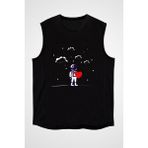 Darkhane Kalp Tutan Astronot Siyah Unisex Kolsuz Tişört Kesik Kol T-Shirt - 001-Siyah - XS