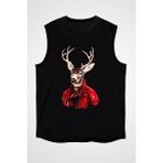 Darkhane Kırmızı Deri Ceketli Geyik Siyah Unisex Kolsuz Kesik Kol T-Shirt - 001-Siyah - 2XL