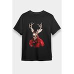 Darkhane Kırmızı Deri Ceketli Geyik Siyah Unisex Tişört T-Shirt - 001-Siyah