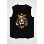 Darkhane Kral Taçlı Aslan Siyah Unisex Kolsuz Tişört Kesik Kol T-Shirt - 001-Siyah - XL