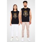 Darkhane Kral Taçlı Aslan Siyah Unisex Kolsuz Tişört Kesik Kol T-Shirt - 001-Siyah