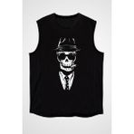 Darkhane Mafya Kurukafa Siyah Unisex Kolsuz Tişört Kesik Kol T-Shirt - 001-Siyah