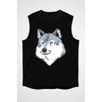 Darkhane Mavi Gözlü Köpek Sibirya Kurdu Husky Haski Siyah Unisex Kolsuz Kesik Kol T-Shirt - 001-Siyah - XS