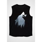Darkhane Ormanda Uluyan Kurt Siyah Unisex Kolsuz Tişört Kesik Kol T-Shirt - 001-Siyah
