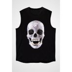 Darkhane Pırlanta Taşlı Kurukafa Siyah Unisex Kolsuz Tişört Kesik Kol T-Shirt - 001-Siyah