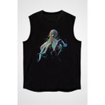 Darkhane Renkli Ahtapot Siyah Unisex Kolsuz Tişört Kesik Kol T-Shirt - 001-Siyah - XS