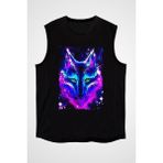 Darkhane Renkli Kurt Siyah Unisex Kolsuz Tişört Kesik Kol T-Shirt - 001-Siyah - XS