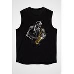 Darkhane Saksafon Çalan Kurukafa Siyah Unisex Kolsuz Kesik Kol T-Shirt - 001-Siyah - 2XL