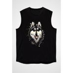 Darkhane Sanatsal Sibirya Kurdu Husky Haski Siyah Unisex Kolsuz Kesik Kol T-Shirt - 001-Siyah