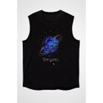 Darkhane Satürn Çizim Siyah Unisex Kolsuz Tişört Kesik Kol T-Shirt - 001-Siyah - 2XL