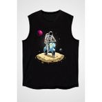 Darkhane Scooter Süren Astronot Siyah Unisex Kolsuz Tişört Kesik Kol T-Shirt - 001-Siyah