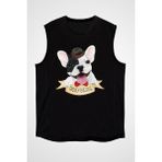 Darkhane Sevimli French Bulldog Siyah Unisex Kolsuz Tişört Kesik Kol T-Shirt - 001-Siyah - XS