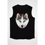 Darkhane Sibirya Kurdu Husky Haski Portresi Siyah Unisex Kolsuz Kesik Kol T-Shirt - 001-Siyah - XS