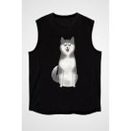 Darkhane Şirin Sibirya Kurdu Husky Haski Siyah Unisex Kolsuz Tişört Kesik Kol T-Shirt - 001-Siyah