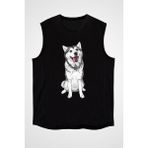 Darkhane Söz Dinleyen Sibirya Kurdu Husky Haski Siyah Unisex Kolsuz Tişört Kesik Kol T-Shirt - 001-Siyah - XL