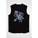Darkhane T-Rex ve Astronot Siyah Unisex Kolsuz Tişört Kesik Kol T-Shirt - 001-Siyah - XS