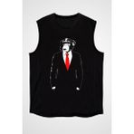 Darkhane Takım Elbiseli Maymun Siyah Unisex Kolsuz Tişört Kesik Kol T-Shirt - 001-Siyah - XL