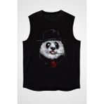 Darkhane Takım Elbiseli Panda Siyah Unisex Kolsuz Tişört Kesik Kol T-Shirt - 001-Siyah - 2XL