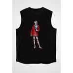 Darkhane Tarz Kız Kırmızı Ceket Siyah Unisex Kolsuz Tişört Kesik Kol T-Shirt - 001-Siyah - XL