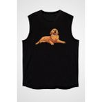 Darkhane Tatlı Köpek Golden Retriever Siyah Unisex Kolsuz Tişört Kesik Kol T-Shirt - 001-Siyah