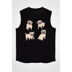 Darkhane Tatlı Pug Siyah Unisex Kolsuz Tişört Kesik Kol T-Shirt - 001-Siyah