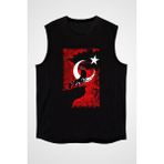 Darkhane Türkiye Uluyan Kurt Siyah Unisex Kolsuz Tişört Kesik Kol T-Shirt - 001-Siyah
