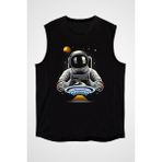 Darkhane Ufo Yakalayan Astronot Siyah Unisex Kolsuz Tişört Kesik Kol T-Shirt - 001-Siyah
