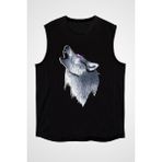Darkhane Uluyan Sibirya Kurdu Husky Haski Siyah Unisex Kolsuz Kesik Kol T-Shirt - 001-Siyah