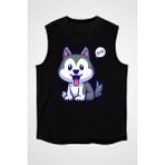 Darkhane Yavru Şirin Sibirya Kurdu Husky Haski Siyah Unisex Kolsuz Kesik Kol T-Shirt - 001-Siyah - M