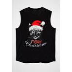 Darkhane Yılbaşı Yeni Yıl Noel Kedi Siyah Unisex Kolsuz Tişört Kesik Kol T-Shirt - 001-Siyah - 2XL