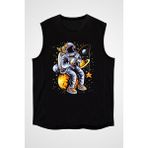 Darkhane Yıldız Tutan Balıkçı Astronot Siyah Unisex Kolsuz Tişört Kesik Kol T-Shirt - 001-Siyah