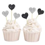 Darling Souvenir hediyelik eşya, bebek partisi-kalp-Form-Pasta-Kapak, doğum günü düğün parti-tatlı dekorasyonlar – Set 20, Glitter Silber und Glitzer Schwarz, 35 x 35 cm