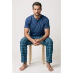 DAT Erkek Pijama Takımı %100 Pamuk Kısa Kollu Henley Yaka Düğmeli Üst Yeşil-Lacivert Ekose Pantolon Yazlık 2'li Set