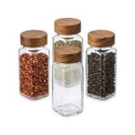 Data Store 4'lü Ahşap Kapaklı Kare Cam Baharatlık Seti - Akasya ve Bambu Kapak Seçenekleriyle Mutfak ve Sofra Düzenleyici (Ekonomik Set) (Akasya Kapak)