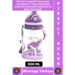 Dayanıklı Tritan Ev Ofis Çocuk Okul Spor Bpa Içermeyen Askılı Eğlenceli Renkli Pipetli Suluk 550 ml - Mor - 1